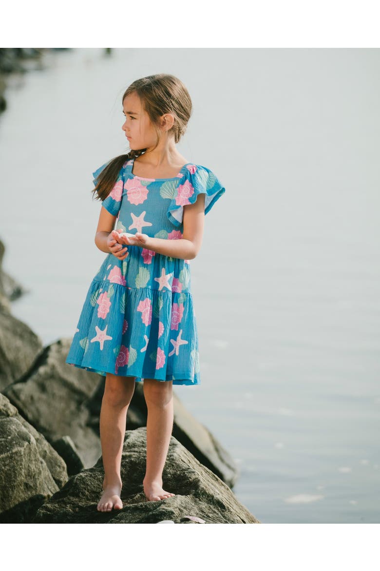 Short Sleeve Crinkle Jersey Shell Dress, Alternate, color, Blue Seashell Print