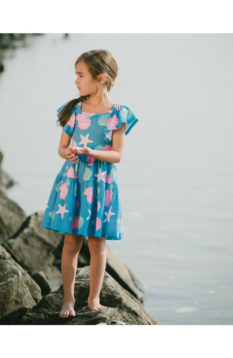 Deux par Deux Short Sleeve Crinkle Jersey Shell Dress, Alternate, color, Blue Seashell Print