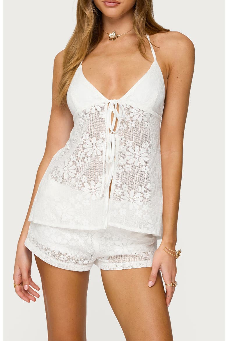 Arlie Tie Front Floral Lace Halter Top, Main, color, WHITE