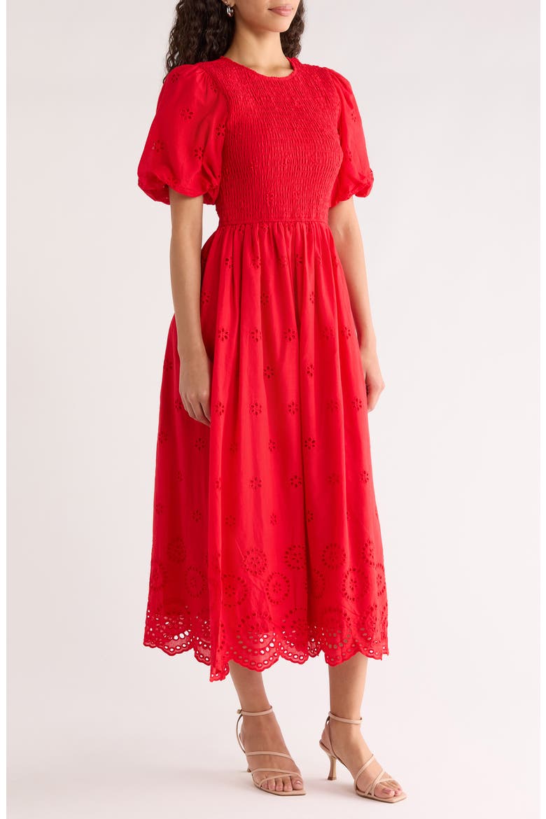 Deana Eyelet Smocked Midi Dress, Alternate, color, RED