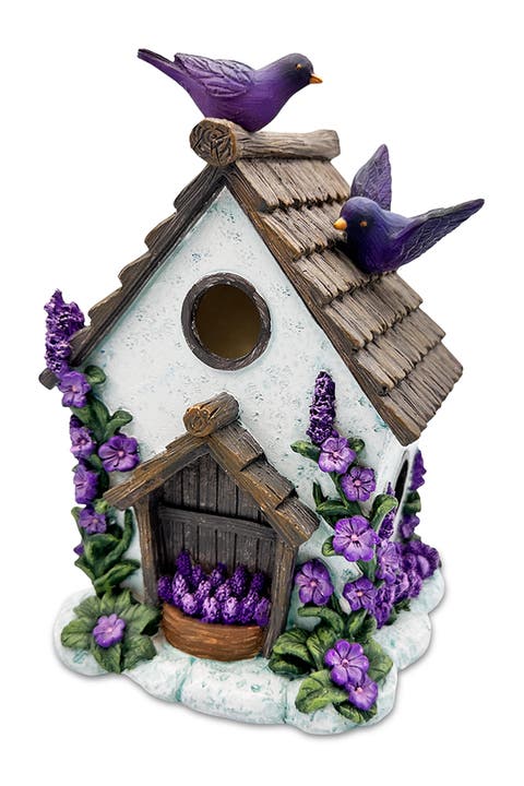 Lavender Cottage Garden Bird House Figurine