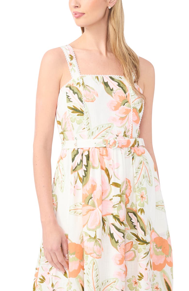 CeCe Floral Print Smocked Back Sleeveless Midi Dress, Alternate, color, New Ivory