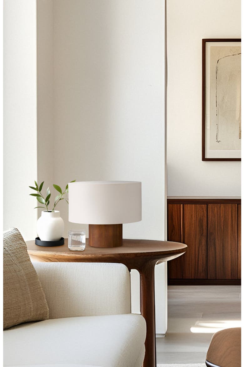 Oliver 10" LED Desk Lamp with Wood Accent and White Cotton Drum Shade, Bulb Included, Alternate, color, Walnut