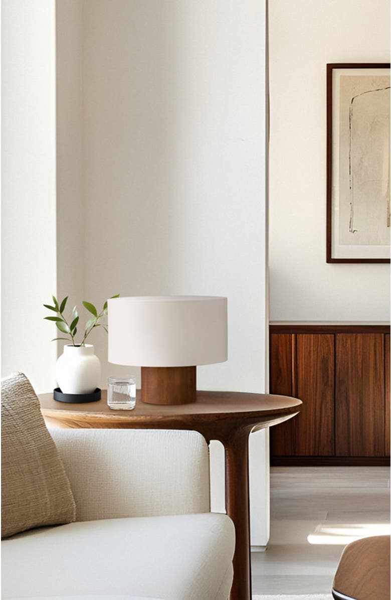 Brightech Oliver 10" LED Desk Lamp with Wood Accent and White Cotton Drum Shade, Bulb Included, Alternate, color, Walnut