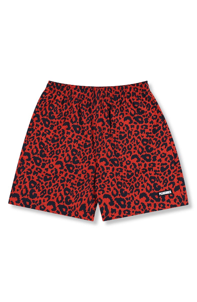 PLEASURES Leopard Print Active Shorts, Alternate, color, Red