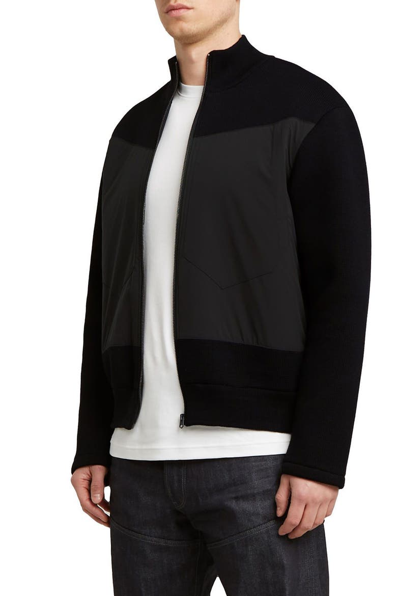 Mixed Media Organic Cotton Zip-Up Bomber Jacket, Alternate, color, DARK BLACK