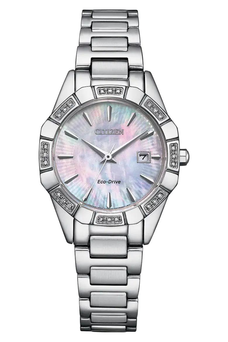 Mother-of-Pearl Diamond Eco-Drive Bracelet Watch, 28mm x 8mm, Main, color, SILVER