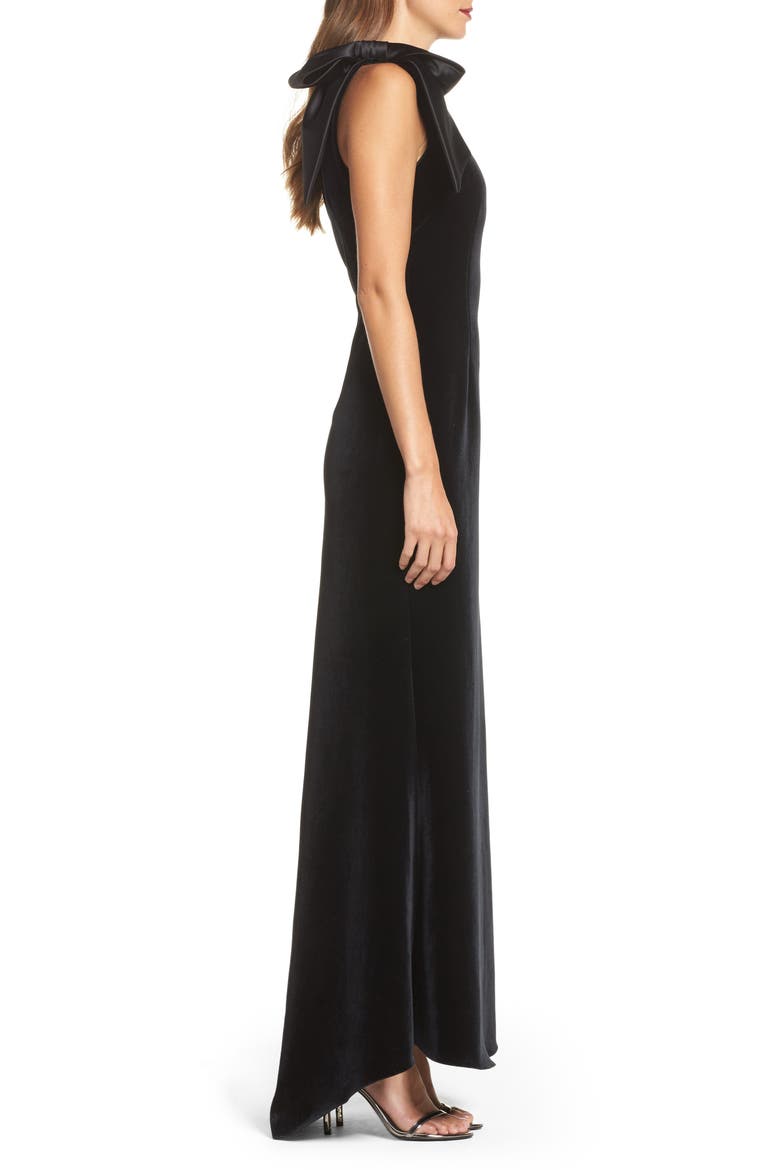 Bow One-Shoulder Velvet Gown, Alternate, color, BLACK
