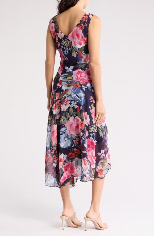 Connected Apparel Chiffon Asymmetric Midi Dress In Navy