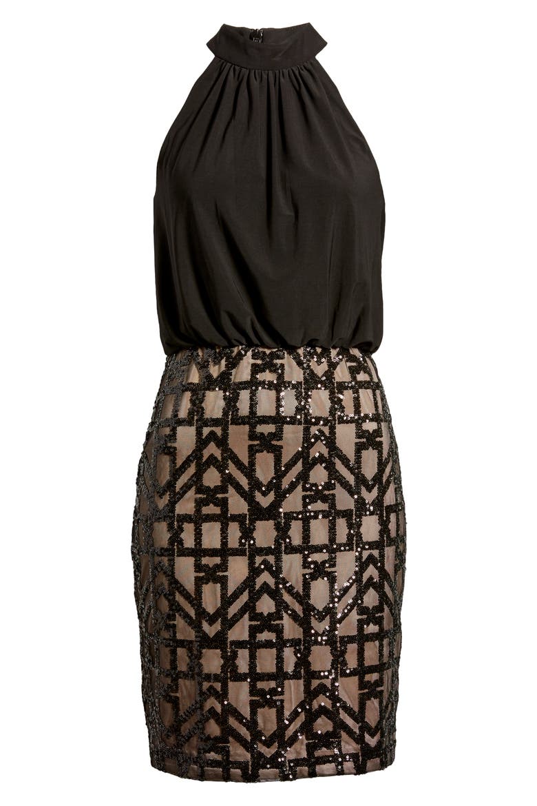 Sequin Detail Halter Neck Cocktail Dress, Alternate, color, BLACK/ TAN