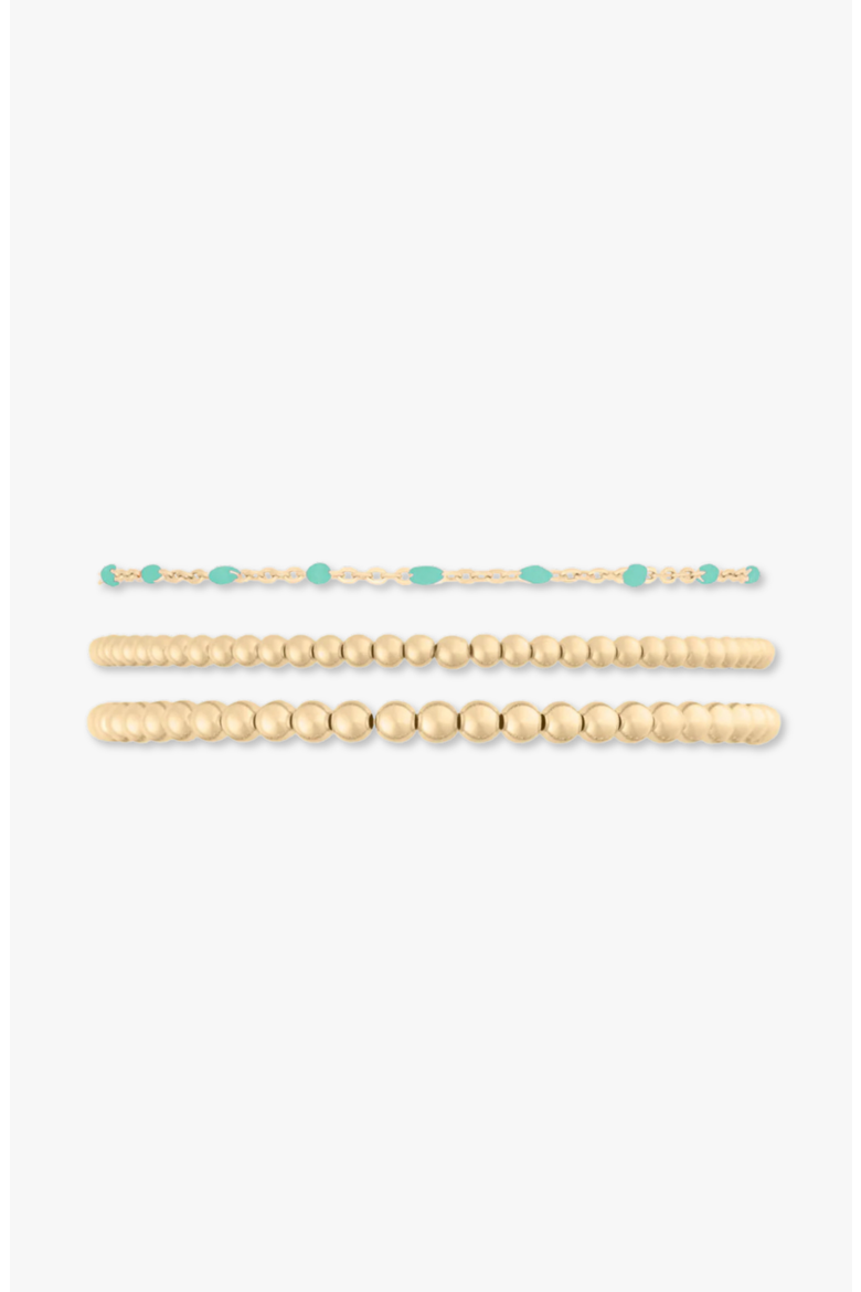 Bead and Turquoise Enamel Chain 14k Gold Filled Bracelet Three Stack, Main, color, Gold