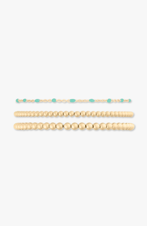 Bead and Turquoise Enamel Chain 14k Gold Filled Bracelet Three Stack
