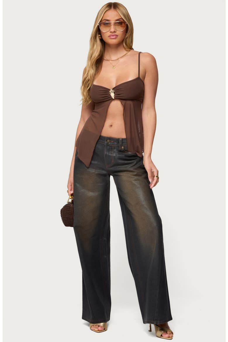 Reeve Split Front Sheer Mesh Top, Alternate, color, BROWN
