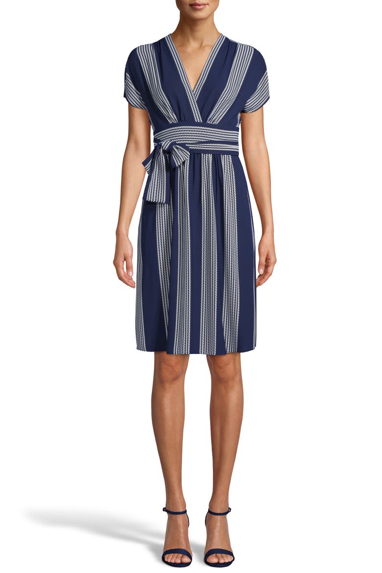 Stripe Faux Wrap Dress, Main, color, DISTANT MOUNTAIN/ ANNE WHITE