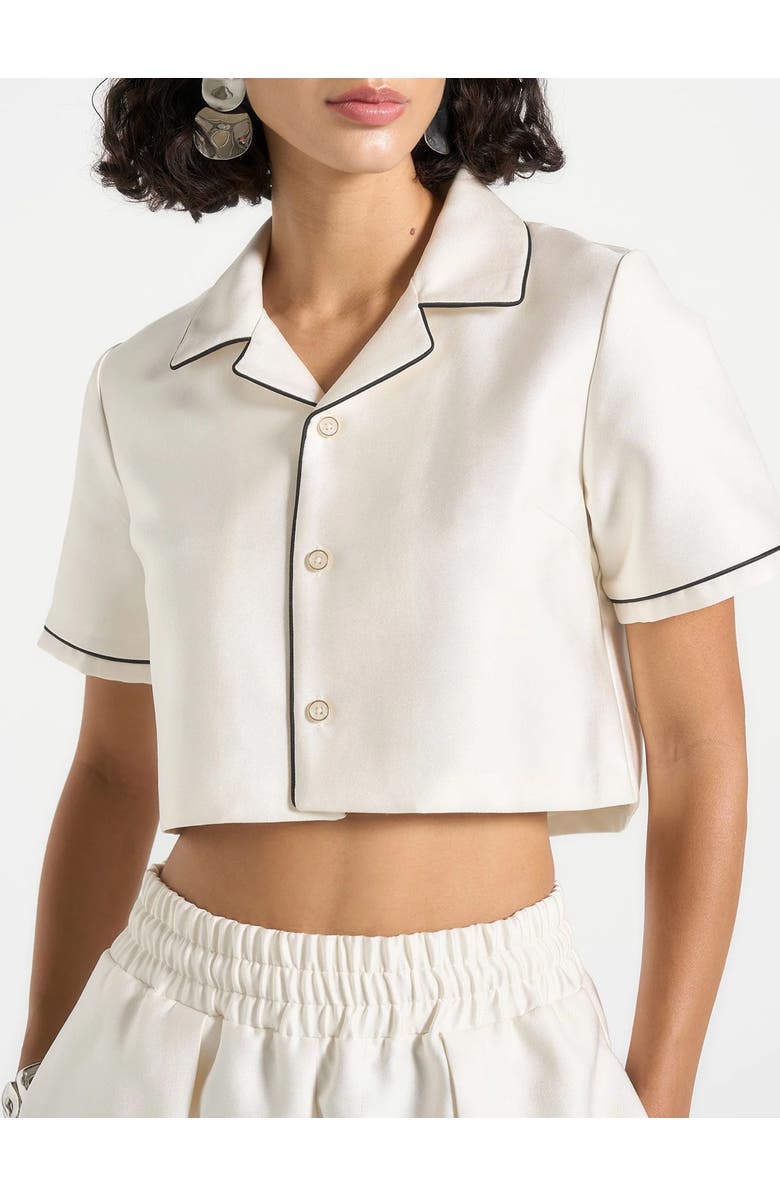 Manière De Voir Maude Satin Cropped Shirt with Piping, Alternate, color, Off White
