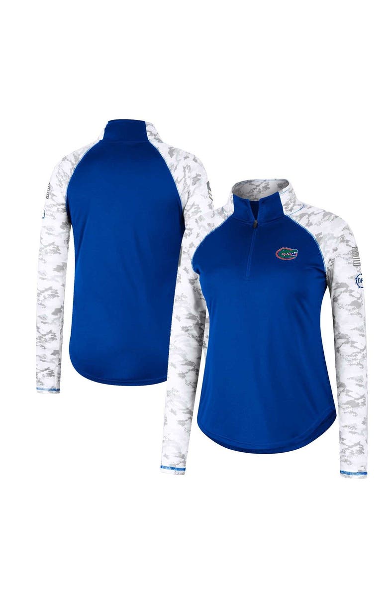 COLOSSEUM Women's Colosseum Royal Florida Gators OHT Military Appreciation Flash Arctic Camo Raglan Quarter-Zip Jacket, Main, color,