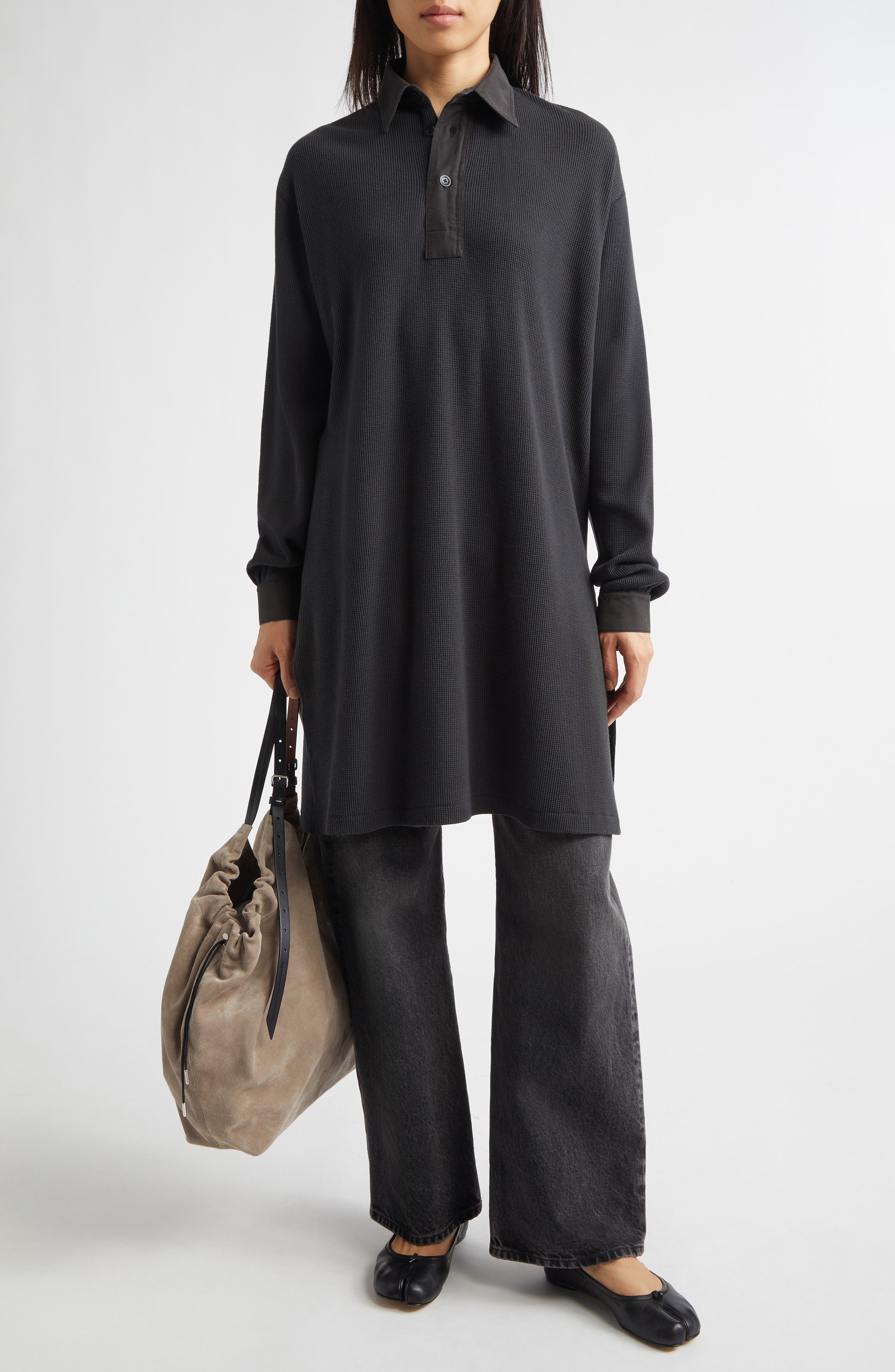 Waffle Stitch Long Sleeve Wool Polo - image 2