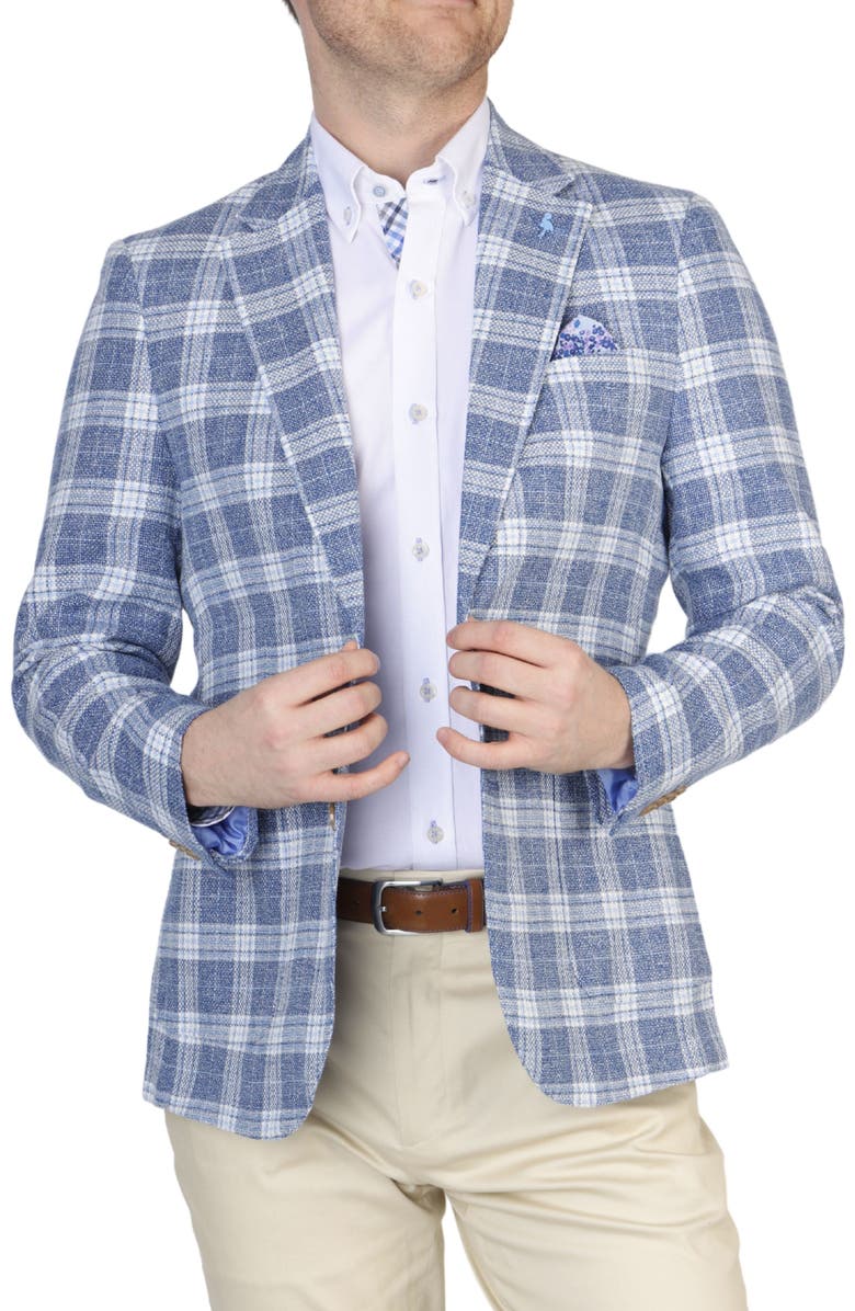 TailorByrd Blue Plaid Notch Lapel Linen Blend Sport Coat, Alternate, color, Prussian Blue