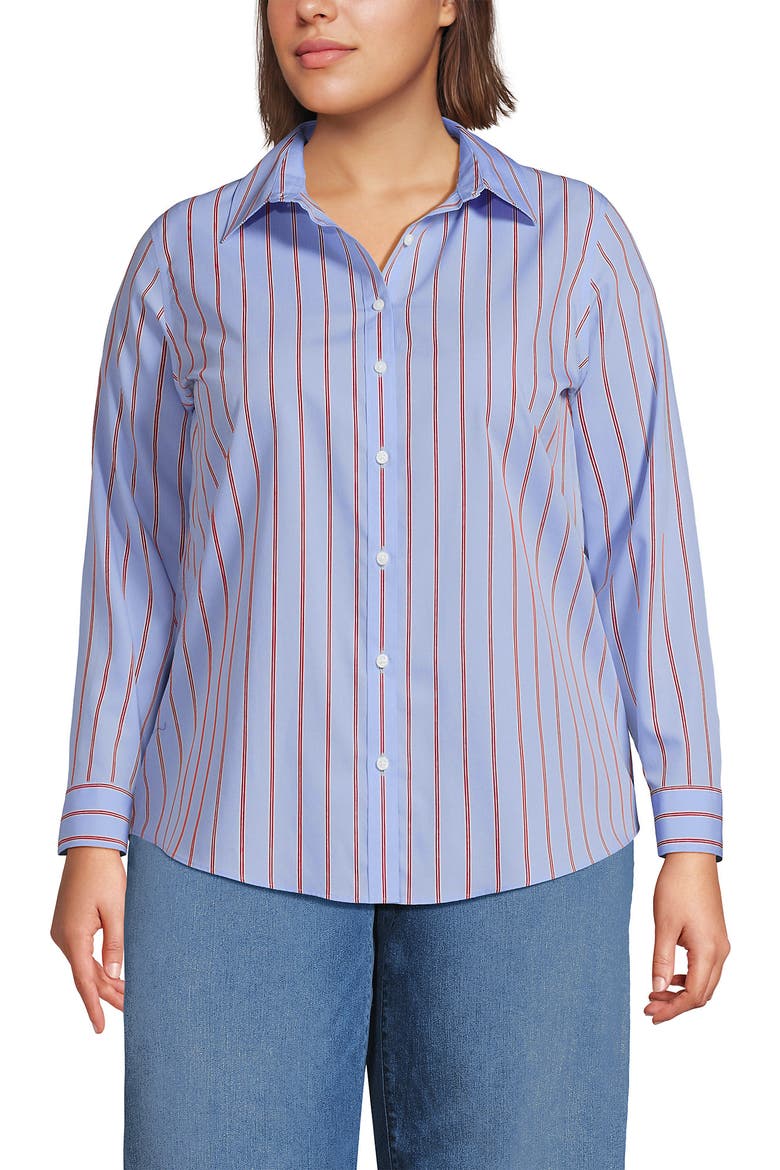 Plus Size No Iron Button Front Shirt, Main, color, Light Sea Blue Rail Stripe