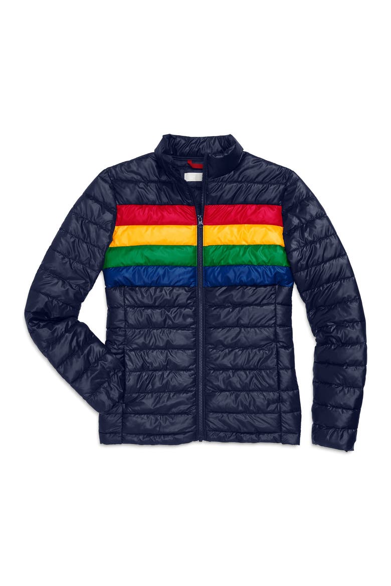 Grown-Ups Puffer Jacket In Stripe, Main, color, Navy Bold Rainbow