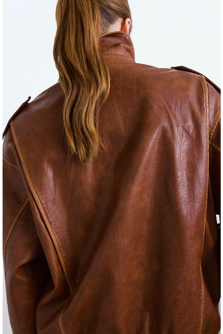 Faux Leather Jacket with Removable Faux Shearling Collar, Alternate, color, BROWN