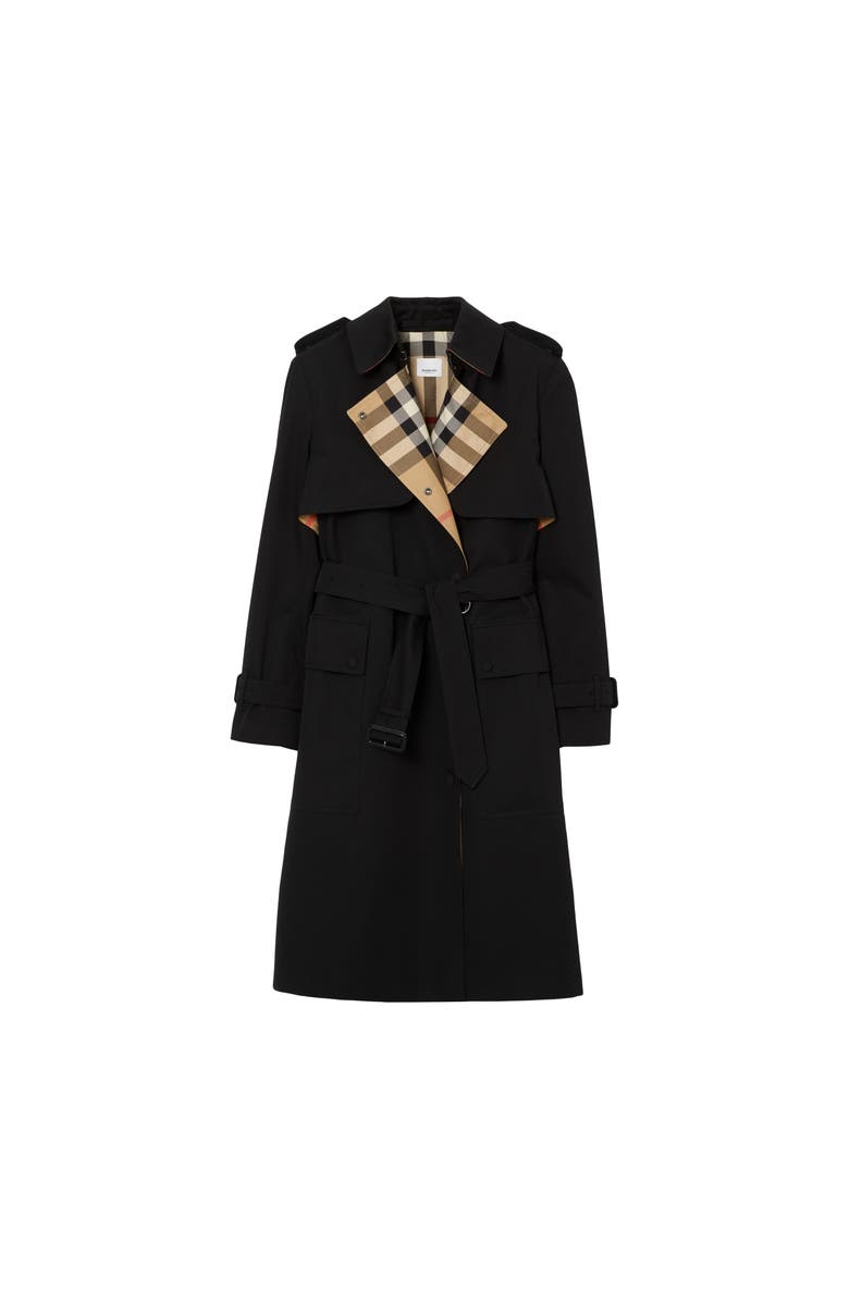 Burberry Long Check Lapel Gabardine Trench Coat, Alternate, color, Black