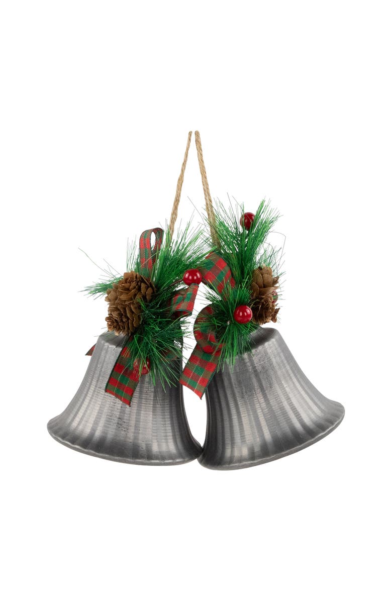 Northlight Bells with Pine Sprigs and Plaid Bow Christmas Ornaments - 7" - Silver - Set of 2, Main, color, Silver