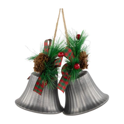 Bells with Pine Sprigs and Plaid Bow Christmas Ornaments - 7" - Silver - Set of 2