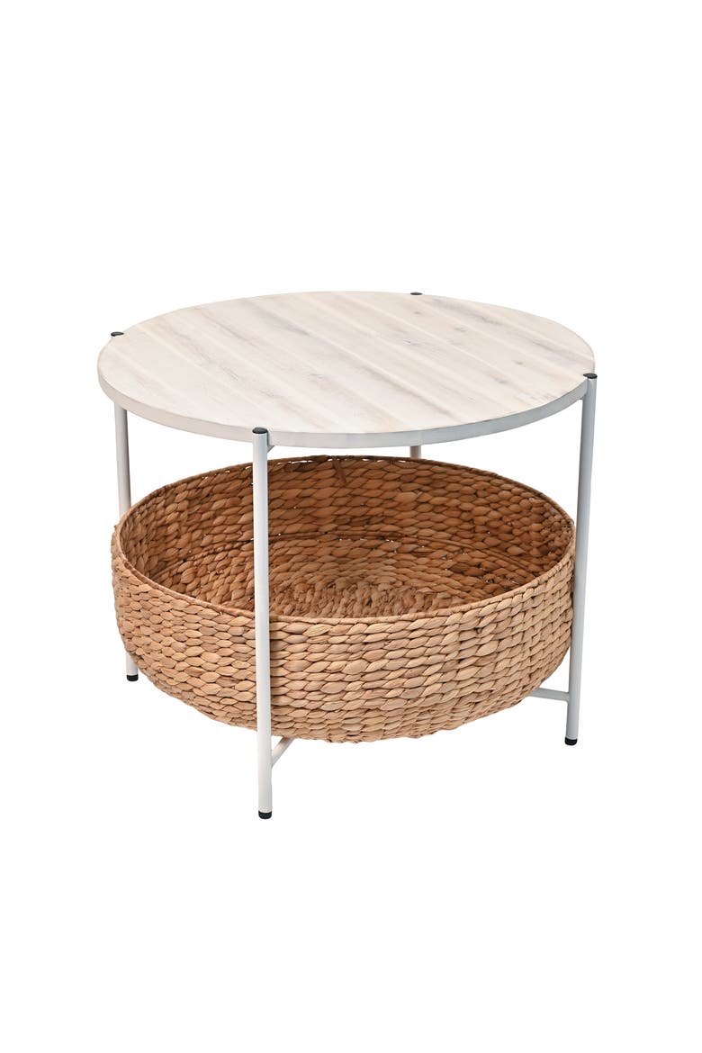 Carly 24.21" Modern Coastal Round Acacia Wood/Water Hyacinth Coffee Table with Storage Basket, Main, color, White
