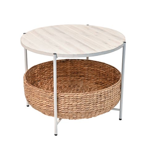 Carly 24.21" Modern Coastal Round Acacia Wood/Water Hyacinth Coffee Table with Storage Basket