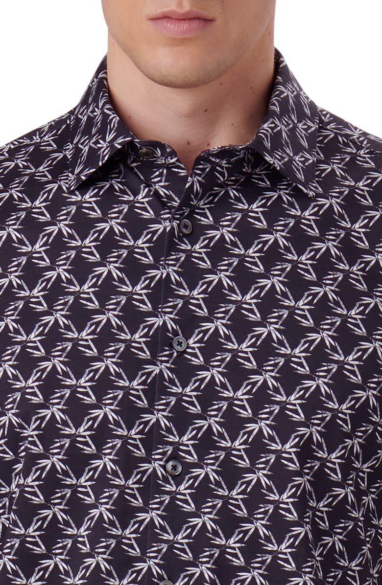 Bugatchi OoohCotton<sup>®</sup> Miles Leaf Print Short Sleeve Button-Up Shirt, Alternate, color, Black