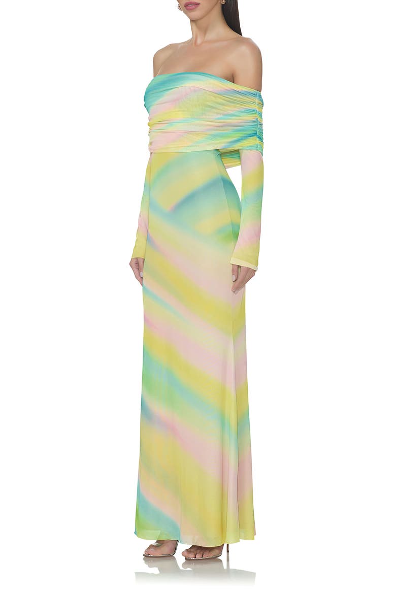 Thelma Print Off the Shoulder Long Sleeve Mesh Maxi Dress, Alternate, color, RAINBOW STRIPE