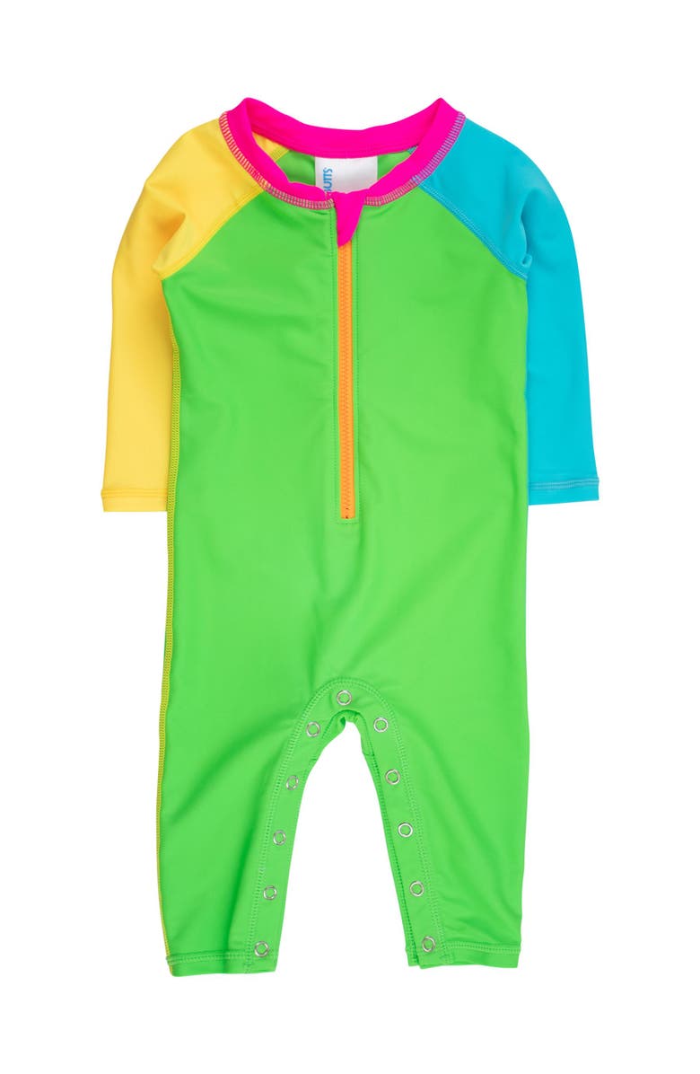RuggedButts UPF50+ Sun Protected Full Length Long Sleeve Rash Guard One Piece Swimsuit, Main, color, Neon Color Block