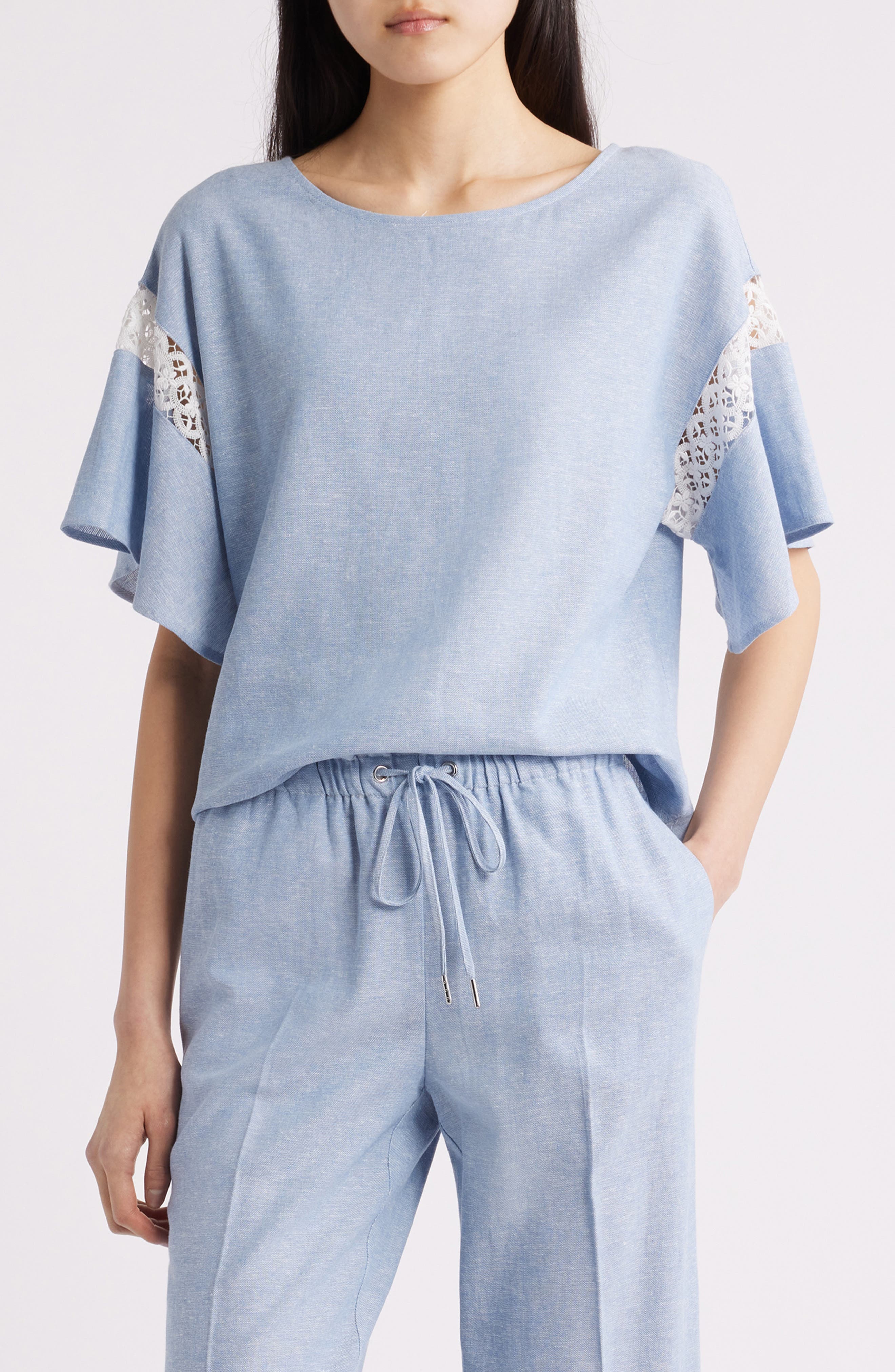Lace Trim Flutter Sleeve Linen Blend Top
