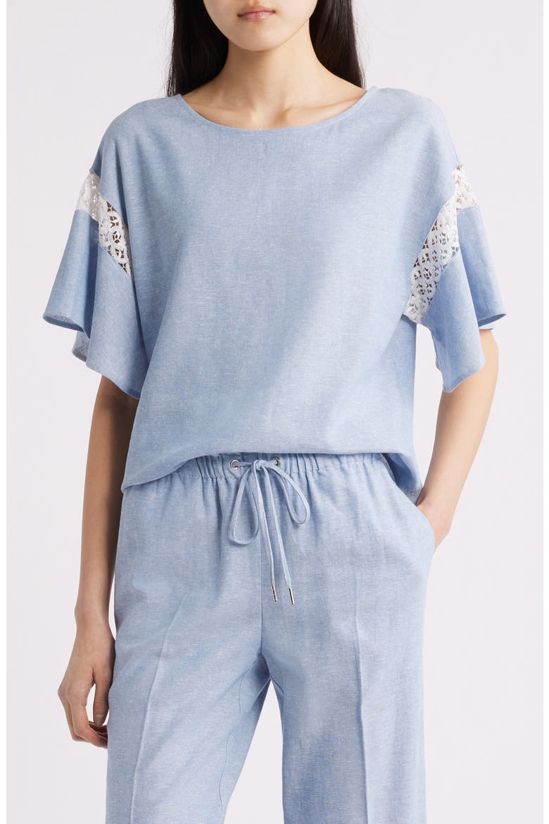 Lace Trim Flutter Sleeve Linen Blend Top, Main, color, LAGOON/ CRISP WHITE