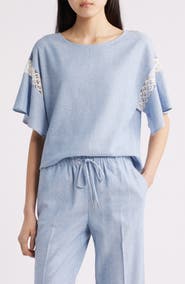 Anne Klein Lace Trim Flutter Sleeve Linen Blend Top