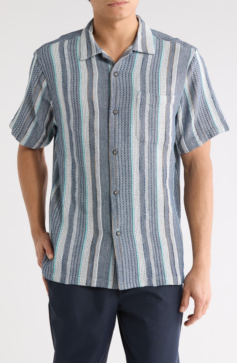 Tommy Bahama Milano Textured Stripe Cotton Camp Shirt, Main, color, Kingfish