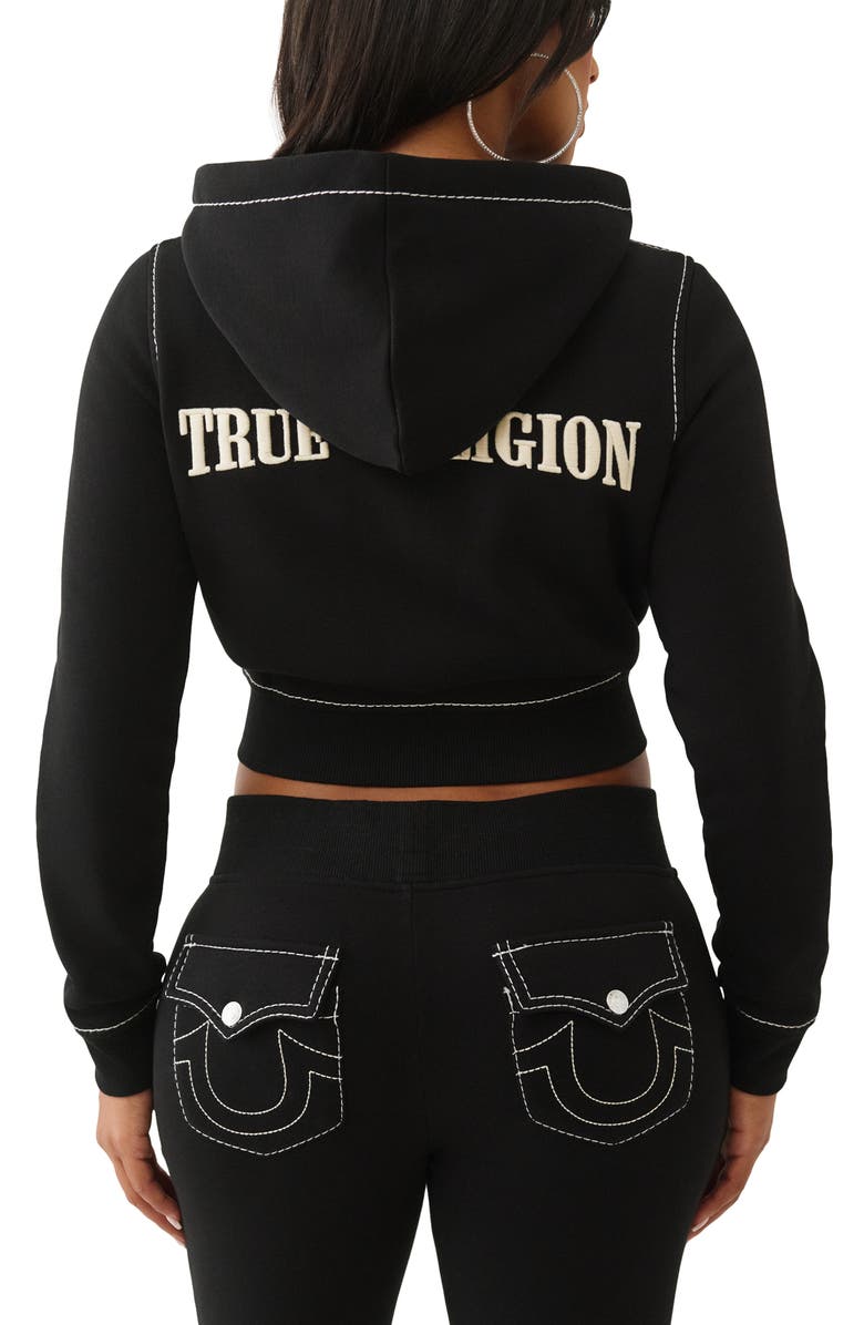 True Religion Big T Embroidered Shrunken Zip Hoodie, Alternate, color, Jet Black