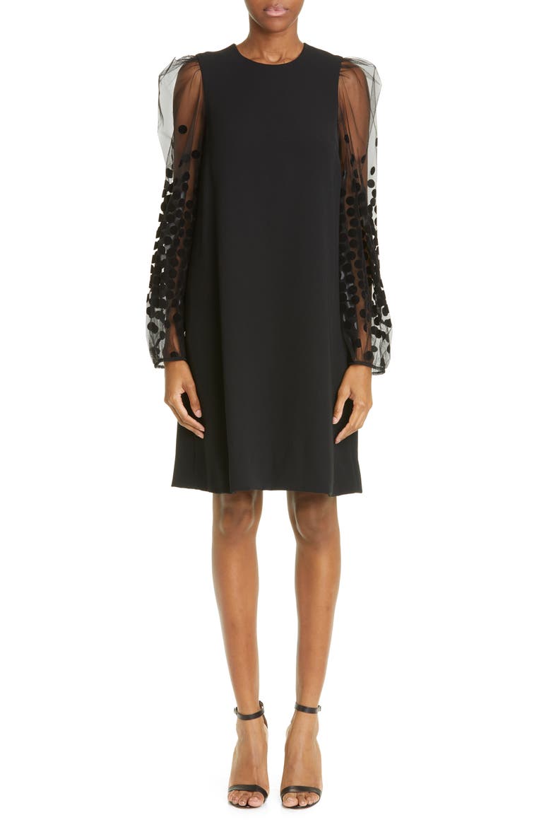 Flocked Dot Long Sleeve Shift Dress, Main, color, BLACK