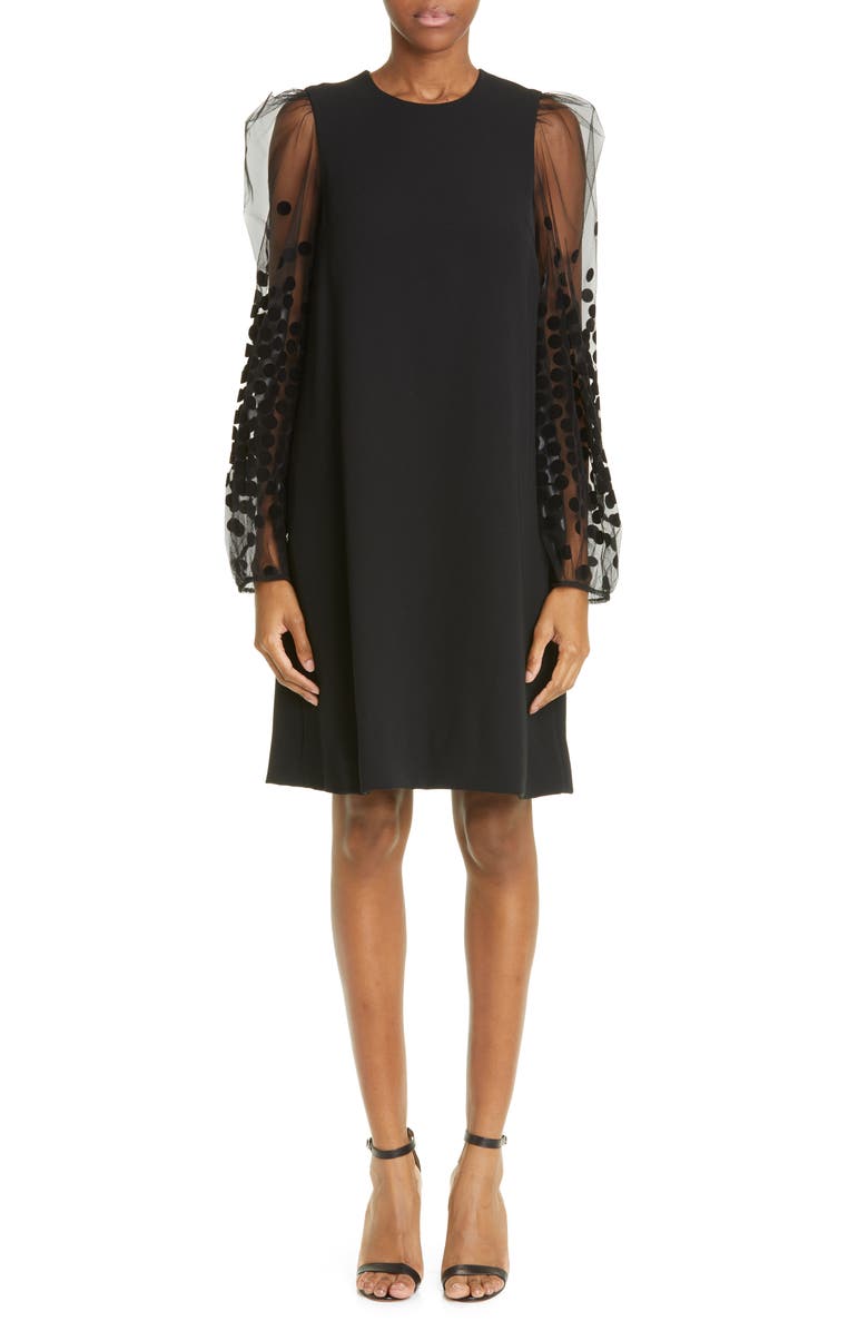 Lela Rose Flocked Dot Long Sleeve Shift Dress, Main, color, 