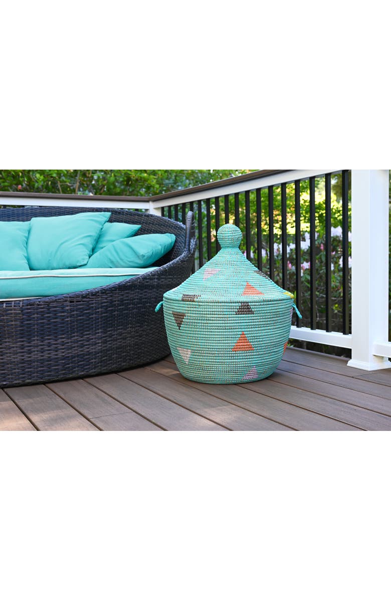 African Modern Aqua Teranga Triangles Lidded Storage Basket, Alternate, color, Aqua