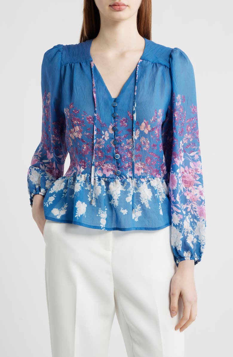 Tahari ASL Printed Ruffle Hem Top, Main, color, Blue Pink White