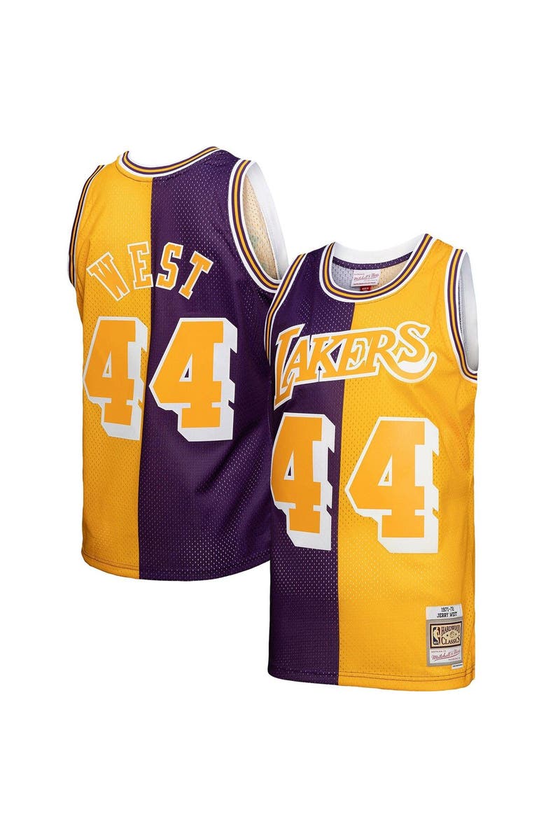 Mitchell & Ness Men's Mitchell & Ness Jerry West Purple/Gold Los Angeles Lakers Hardwood Classics 1971/72 Split Swingman Jersey, Main, color,