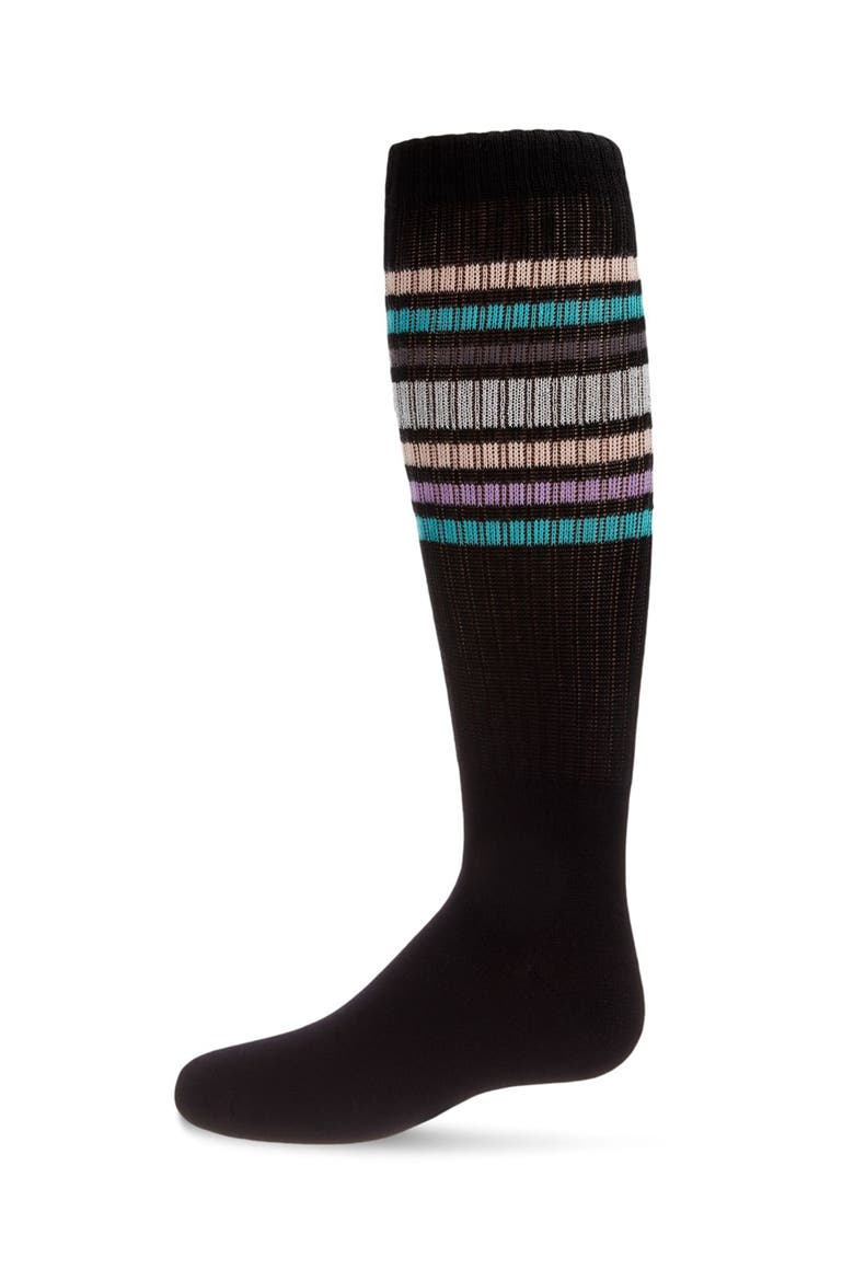 Metallic Sport Stripe Knee-High Socks, Main, color, Black
