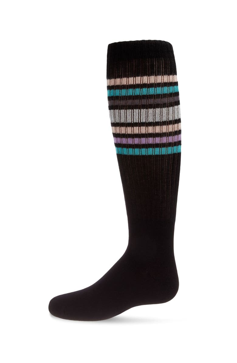 MeMoi Metallic Sport Stripe Knee-High Socks, Main, color, Black