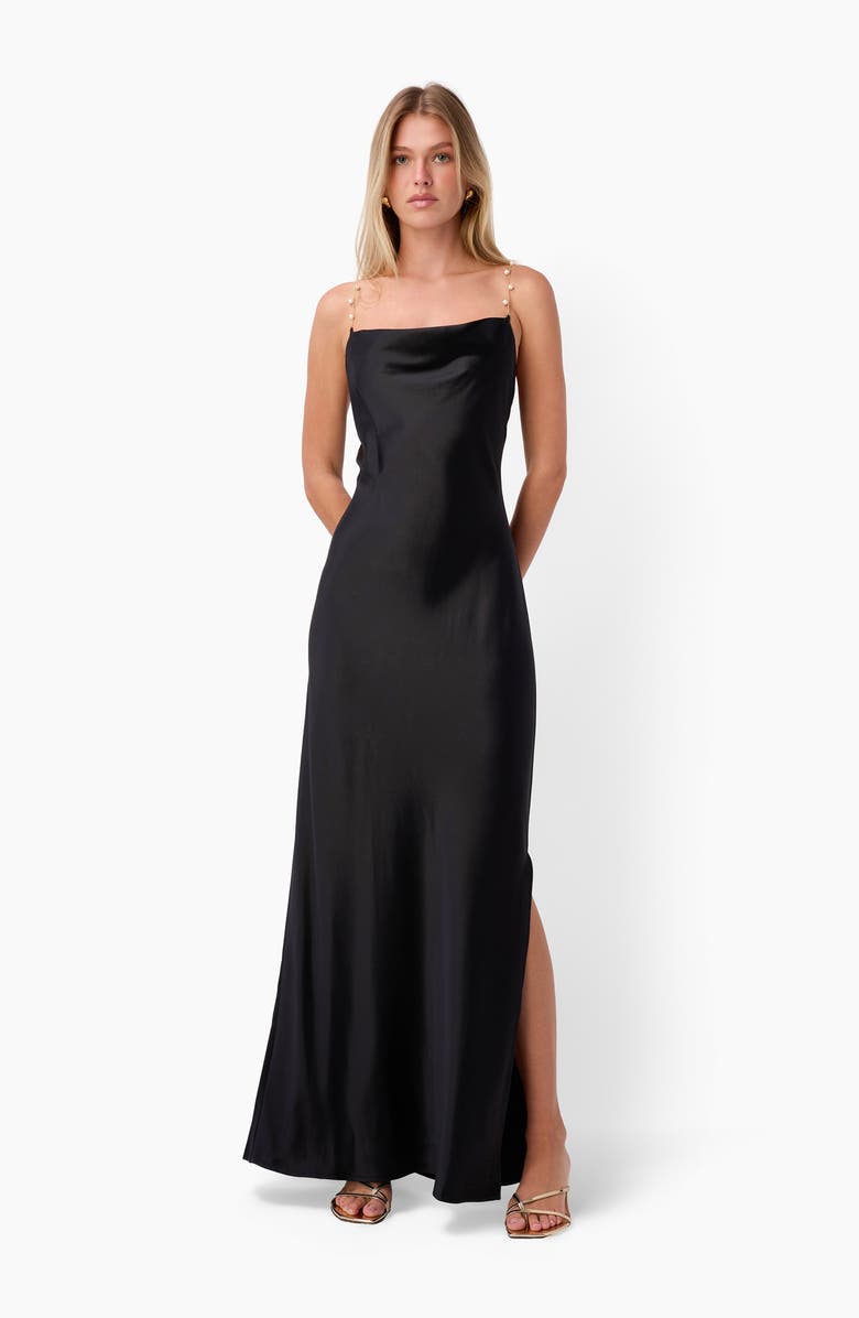 CAMI NYC Shallon Faux Pearl Strap Satin Gown, Alternate, color, Black