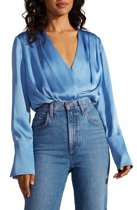Surplice Long Sleeve Satin Bodysuit