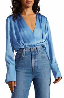 Favorite Daughter Surplice Long Sleeve Satin Bodysuit