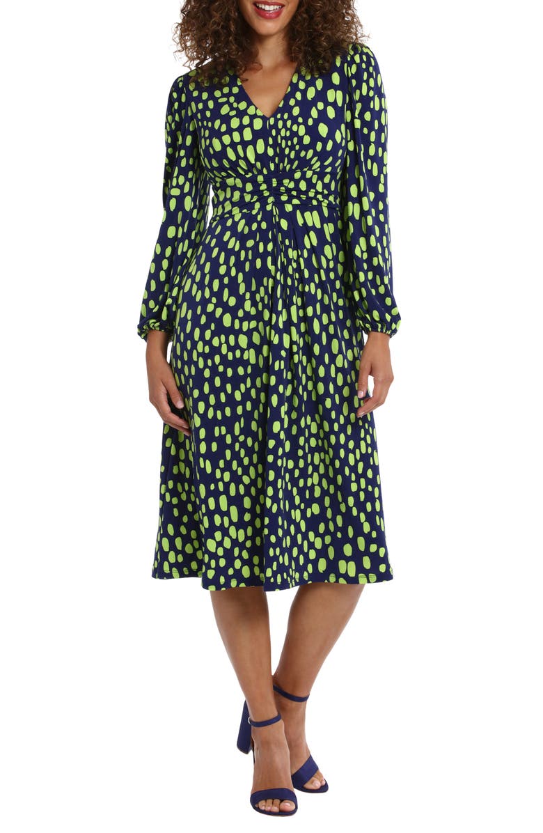 London Times Long Sleeve Empire Waist A-Line Midi Dress, Main, color,