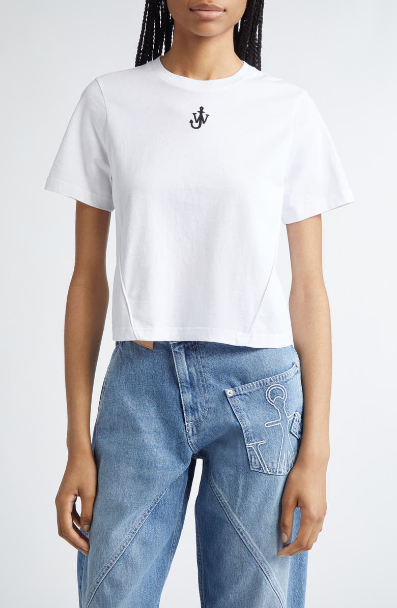JW Anderson Panelled Anchor Embroidered Crop T-Shirt, Main, color, White